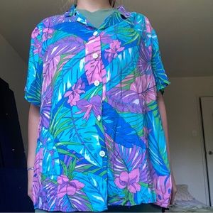 Vintage Button Down Colorful Tropical Leaf Pattern Collared Shirt